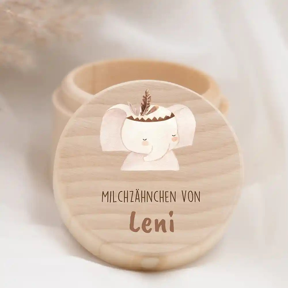 Zahndose Milchzähne personalisiert - Holz Zahnbox mit Wunschnamen - Elefant mit Kranz Motiv