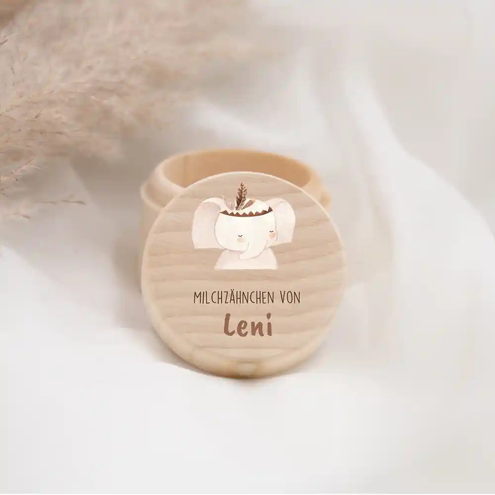 Zahndose Milchzähne personalisiert - Holz Zahnbox mit Wunschnamen - Elefant mit Kranz Motiv