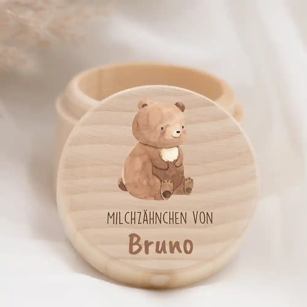 Zahndose Milchzähne personalisiert - Holz Zahnbox mit Wunschnamen - Bär mit Kranz