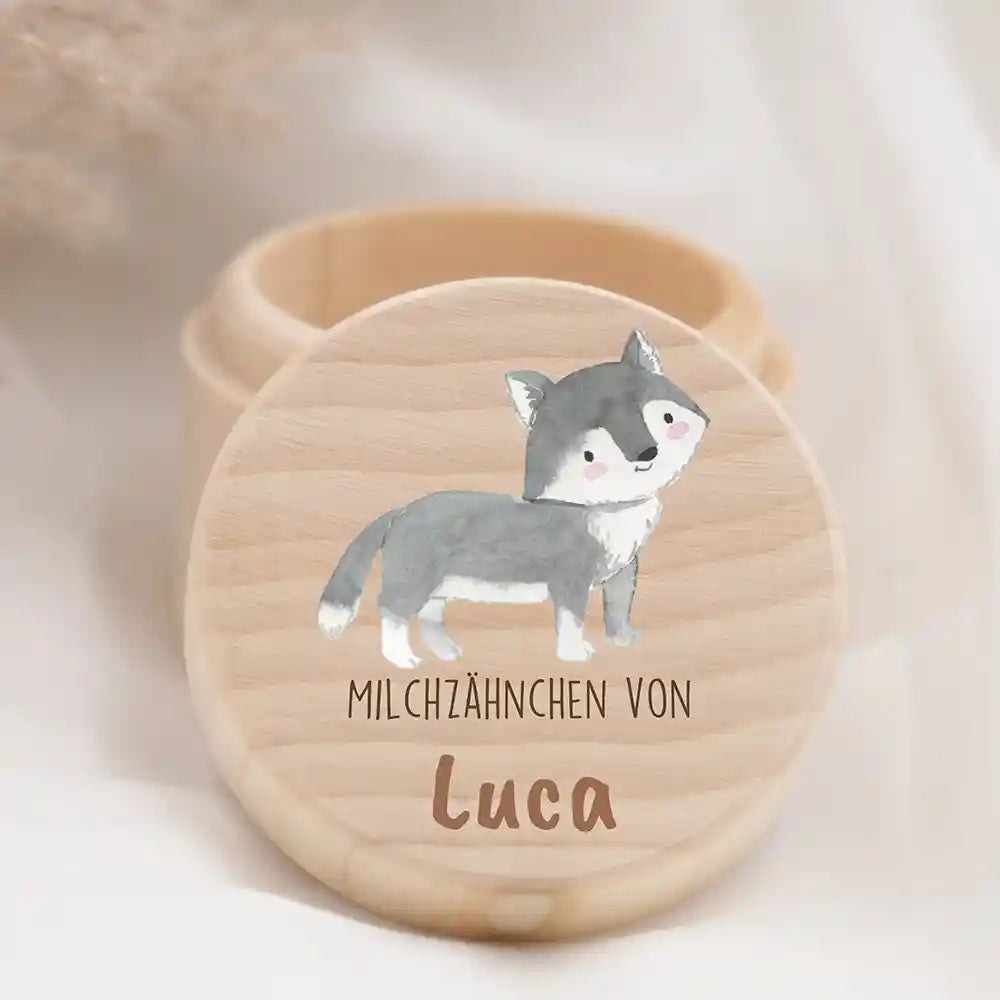Zahndose Milchzähne personalisiert - Holz Zahnbox mit Wunschnamen - Dachs Motiv