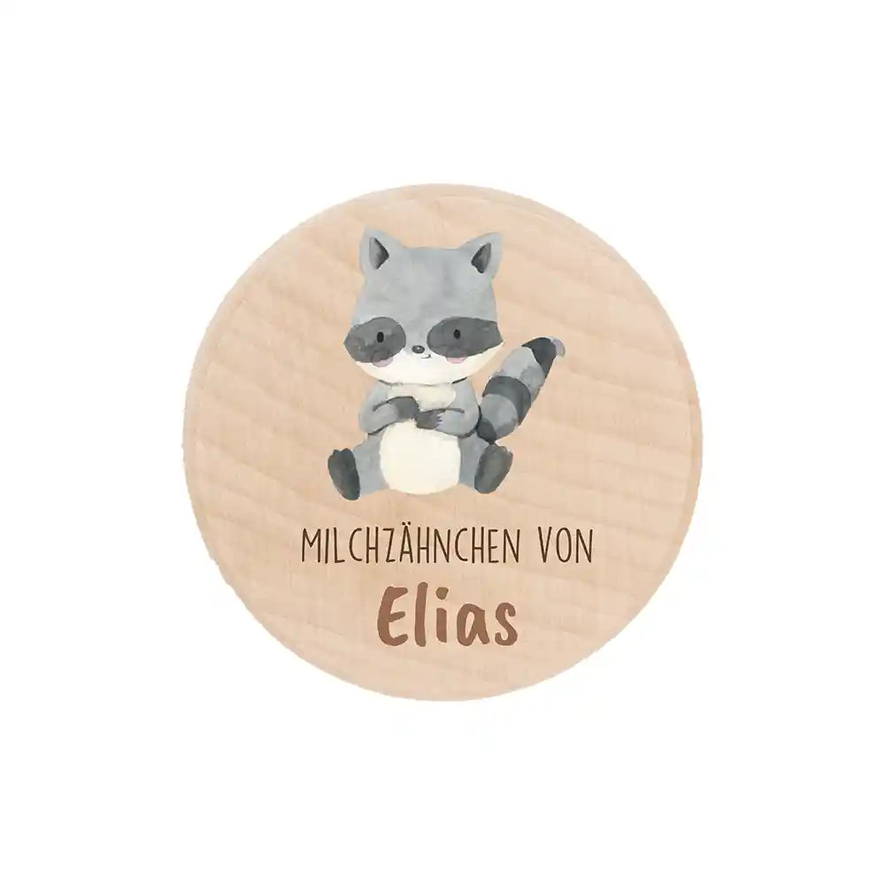 Zahndose Milchzähne personalisiert - Holz Zahnbox mit Wunschnamen - Waschbär Motiv