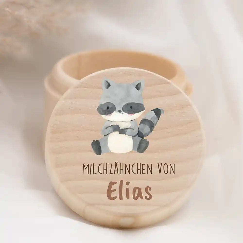 Zahndose Milchzähne personalisiert - Holz Zahnbox mit Wunschnamen - Waschbär Motiv