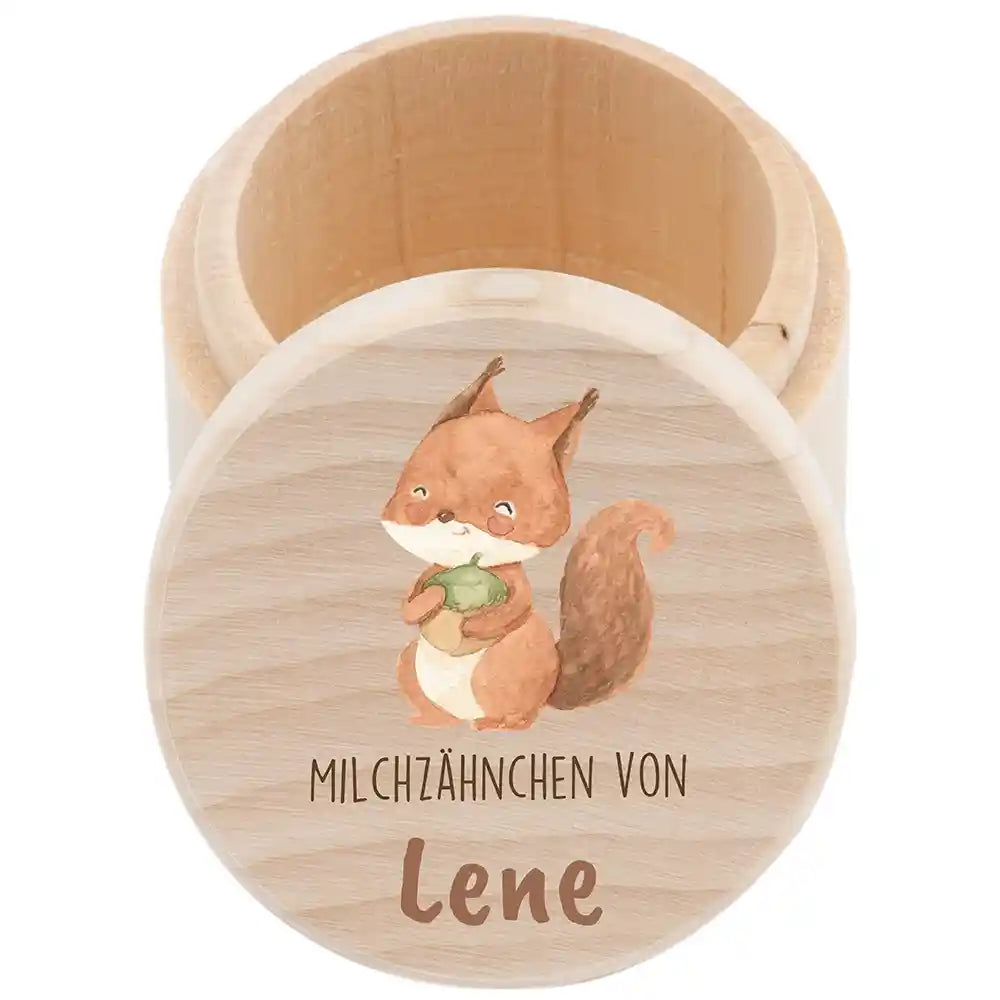 Zahndose Milchzähne personalisiert - Holz Zahnbox mit Wunschnamen - Eichhörnchen Motiv