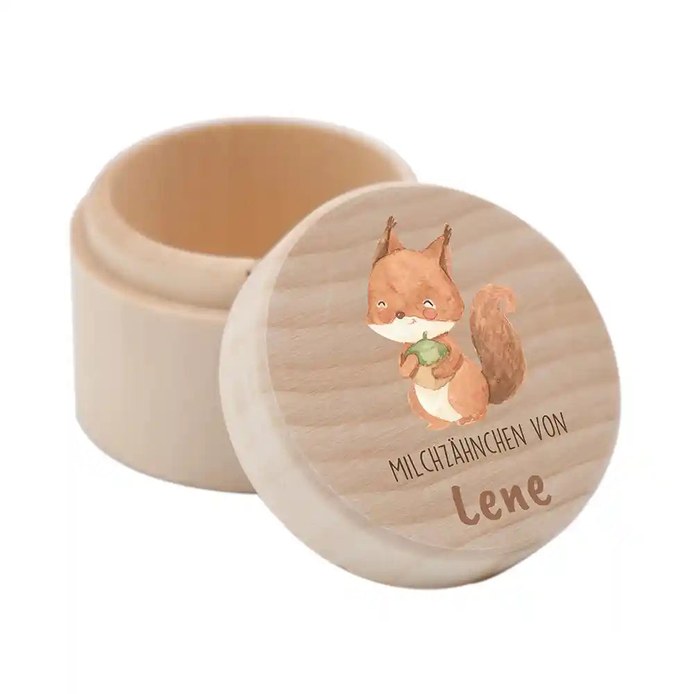 Zahndose Milchzähne personalisiert - Holz Zahnbox mit Wunschnamen - Eichhörnchen Motiv