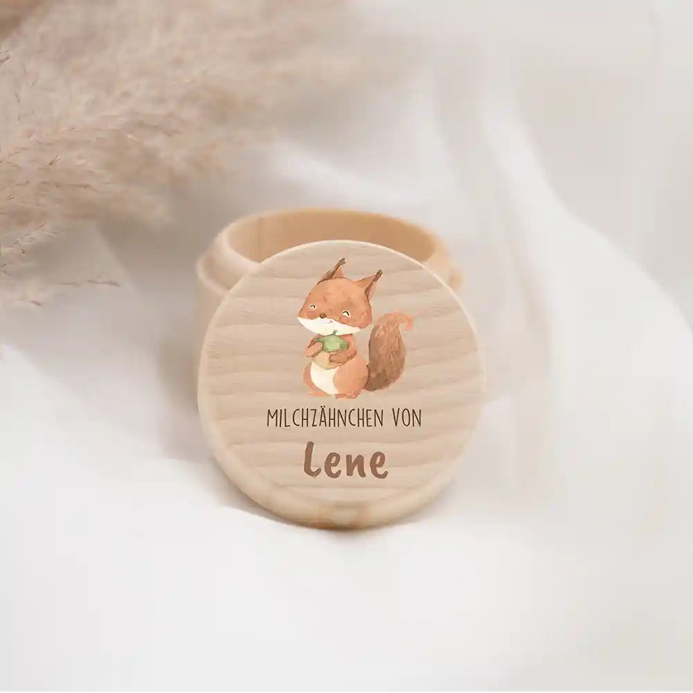Zahndose Milchzähne personalisiert - Holz Zahnbox mit Wunschnamen - Eichhörnchen Motiv