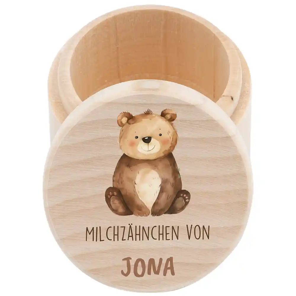 Zahndose Milchzähne personalisiert - Holz Zahnbox mit Wunschnamen - Bär Motiv