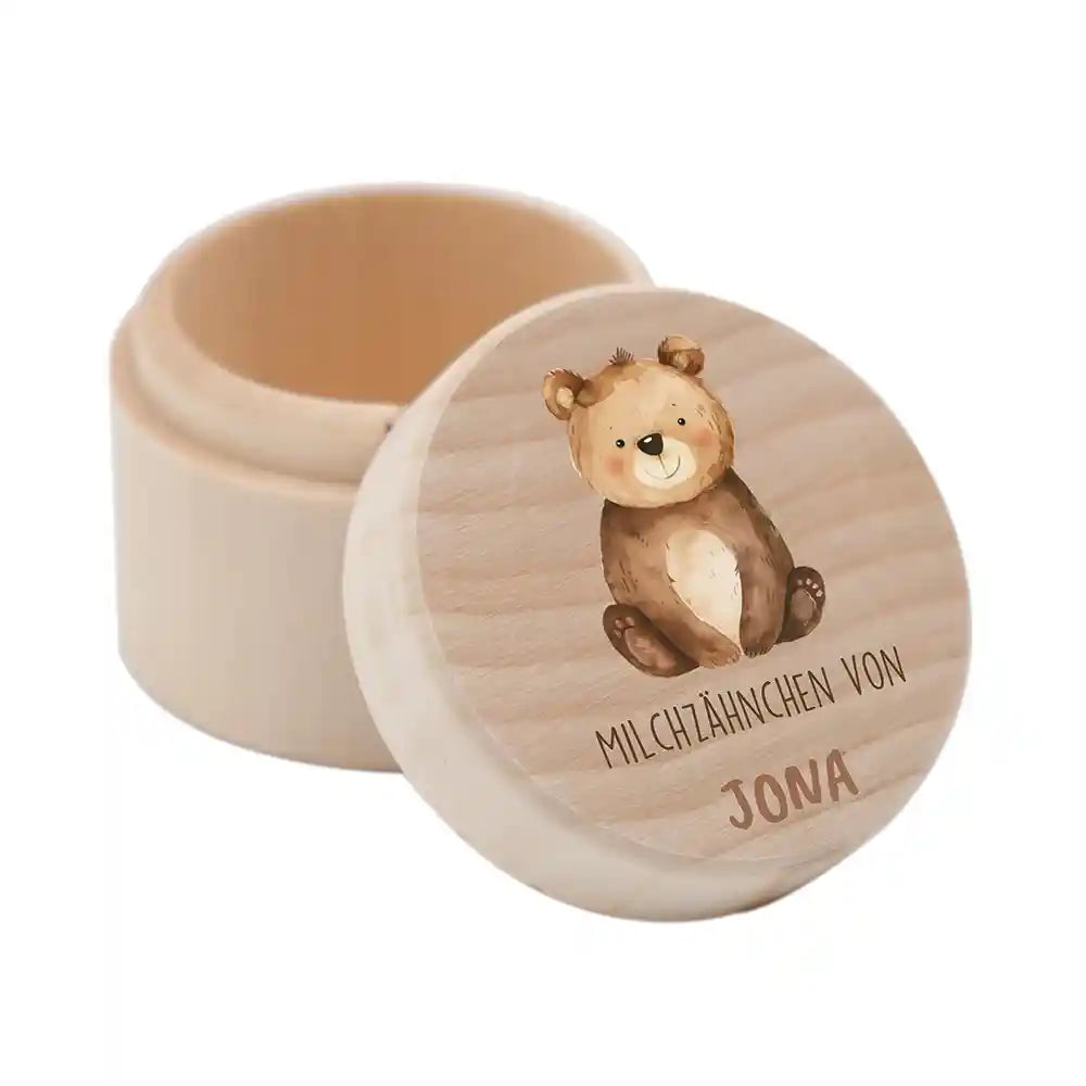 Zahndose Milchzähne personalisiert - Holz Zahnbox mit Wunschnamen - Bär Motiv