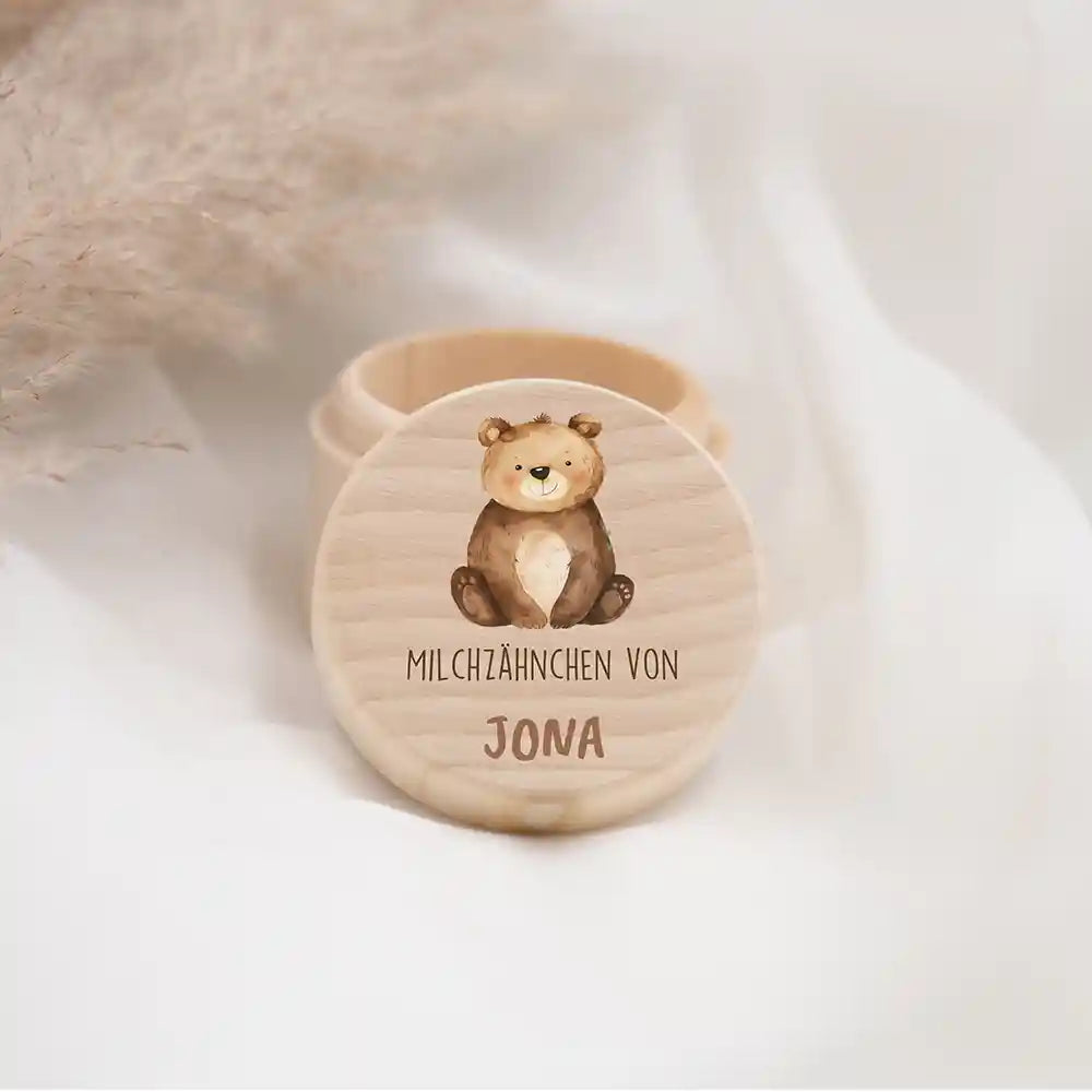 Zahndose Milchzähne personalisiert - Holz Zahnbox mit Wunschnamen - Bär Motiv