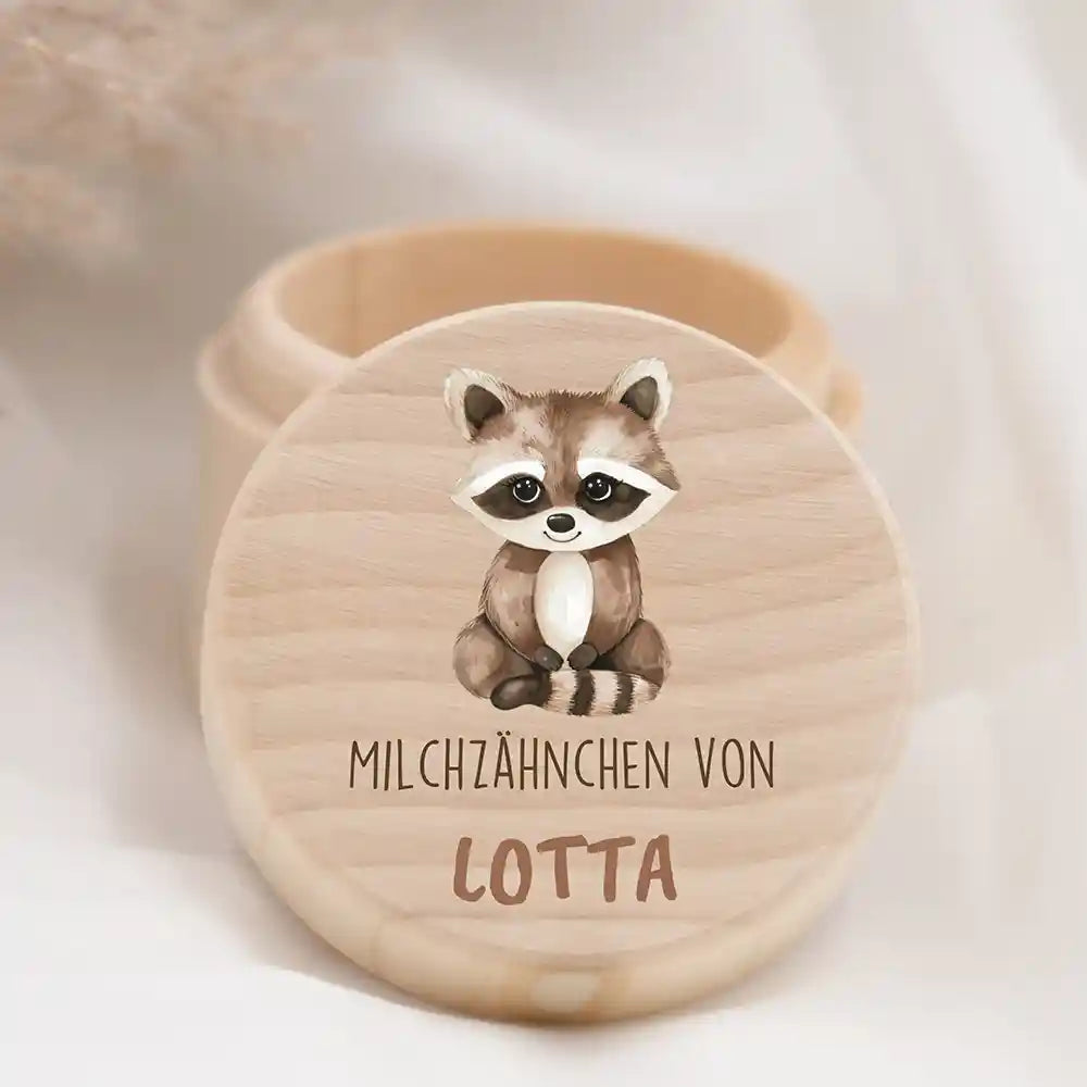 Zahndose Milchzähne personalisiert - Holz Zahnbox mit Wunschnamen - Waschbär