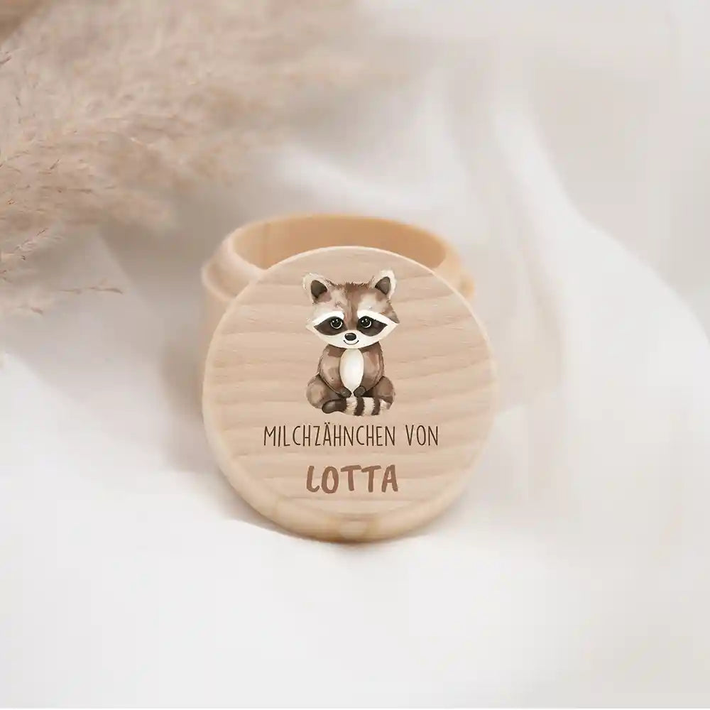 Zahndose Milchzähne personalisiert - Holz Zahnbox mit Wunschnamen - Waschbär
