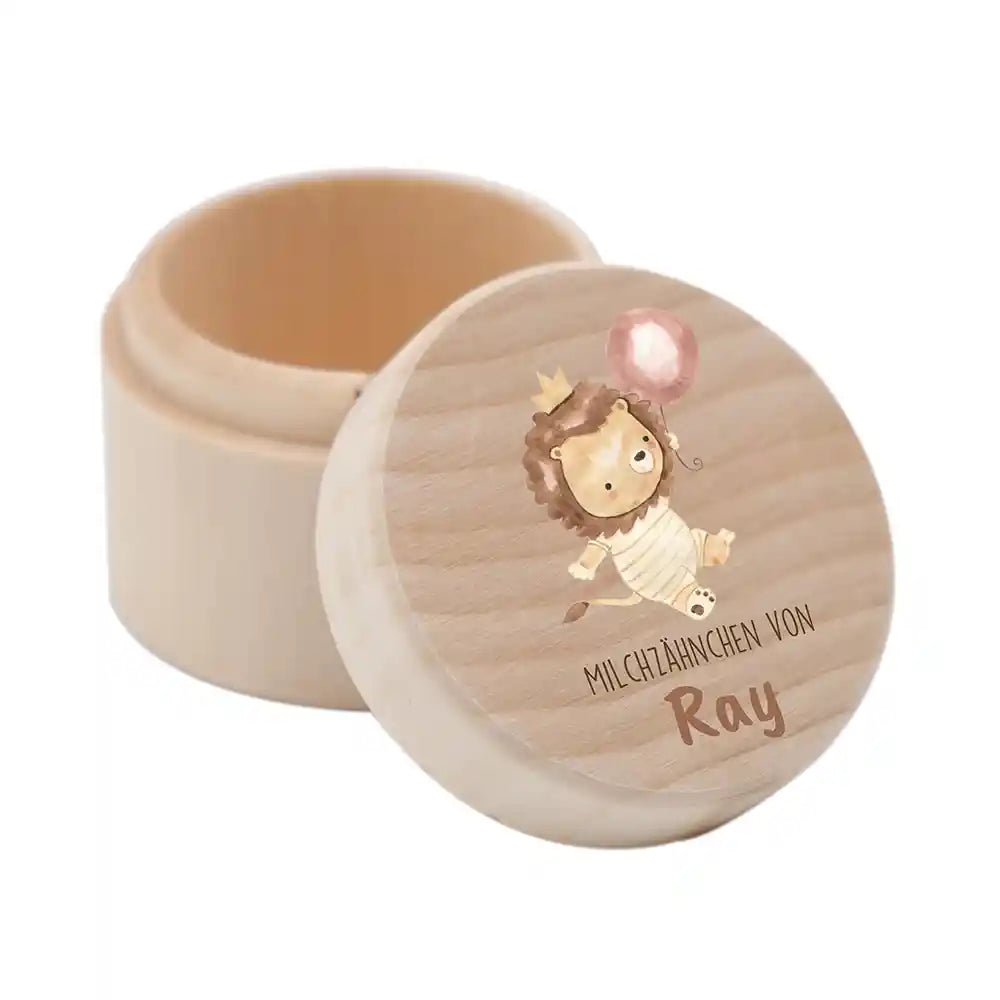 Zahndose Milchzähne personalisiert - Holz Zahnbox mit Wunschnamen - Tiger mit Ballon