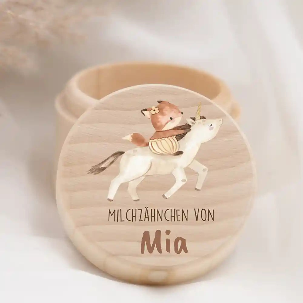 Zahndose Milchzähne personalisiert - Holz Zahnbox mit Wunschnamen - Fuchs auf Einhorn