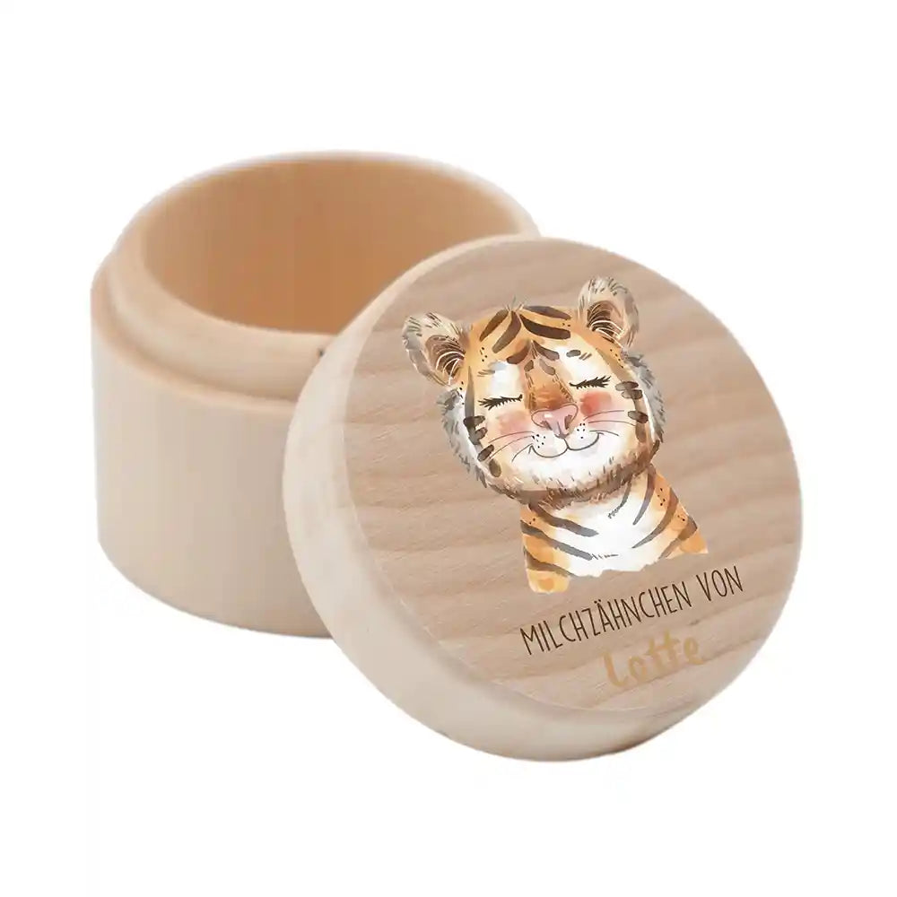 Zahndose Milchzähne personalisiert - Holz Zahnbox mit Wunschnamen - Baby Tiger