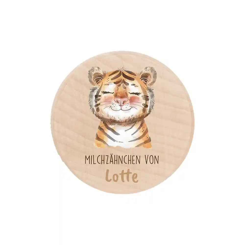 Zahndose Milchzähne personalisiert - Holz Zahnbox mit Wunschnamen - Baby Tiger