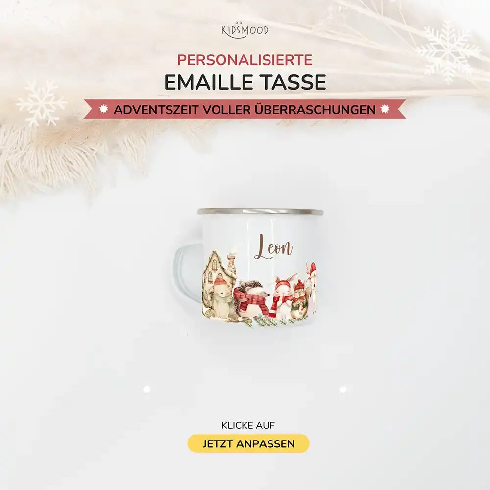 Emaille Tasse personalisiert Weihnachten - Tierfamilie Wald