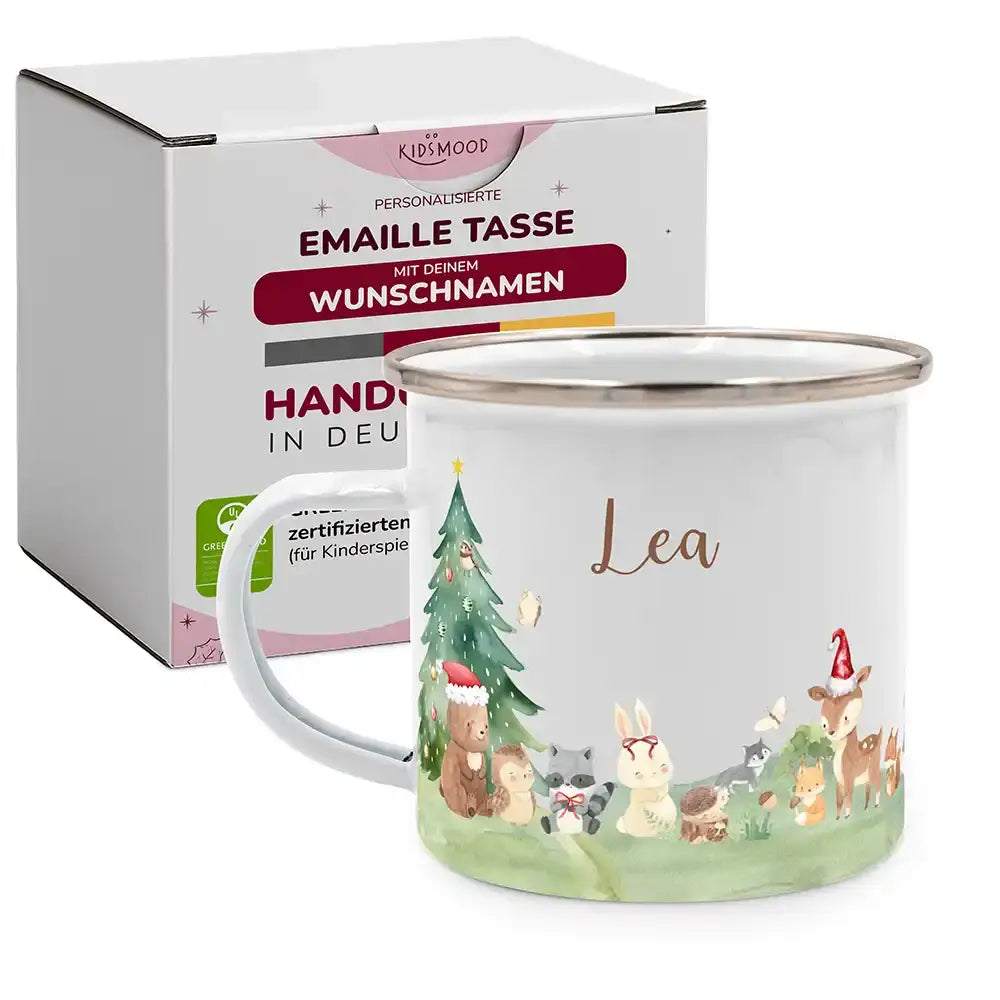 Emaille Tasse personalisiert Weihnachten - Niedliche Waldtiere
