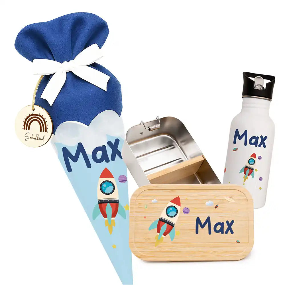 Einschulungsset mit Name – Schultüte, Trinkflasche und Brotdose
