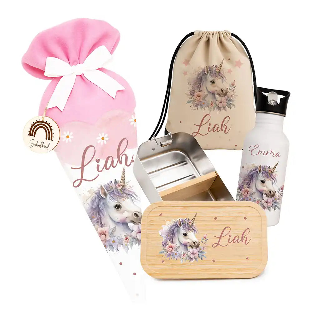 Großes Einschulungsset mit Name – Schultüte, Turnbeutel, Trinkflasche & Brotdose