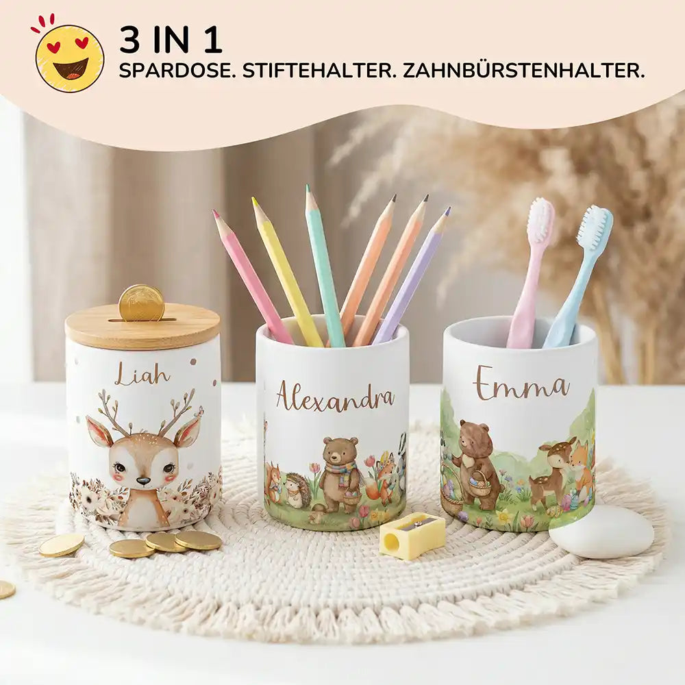 Personalisierte Spardose Herbst-Waldtiere – Keramik & Bambus mit Wunschname