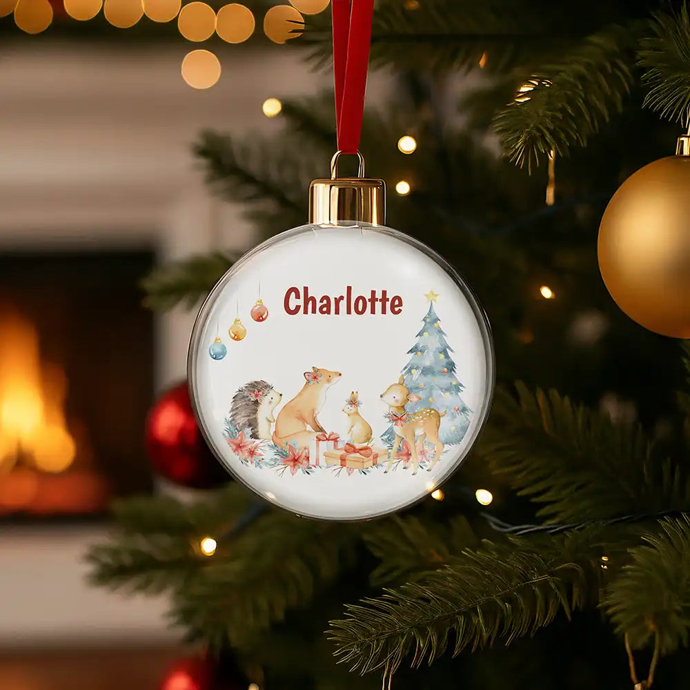 Weihnachtskugel personalisiert mit Namen - Fuchs am Tannenbaum
