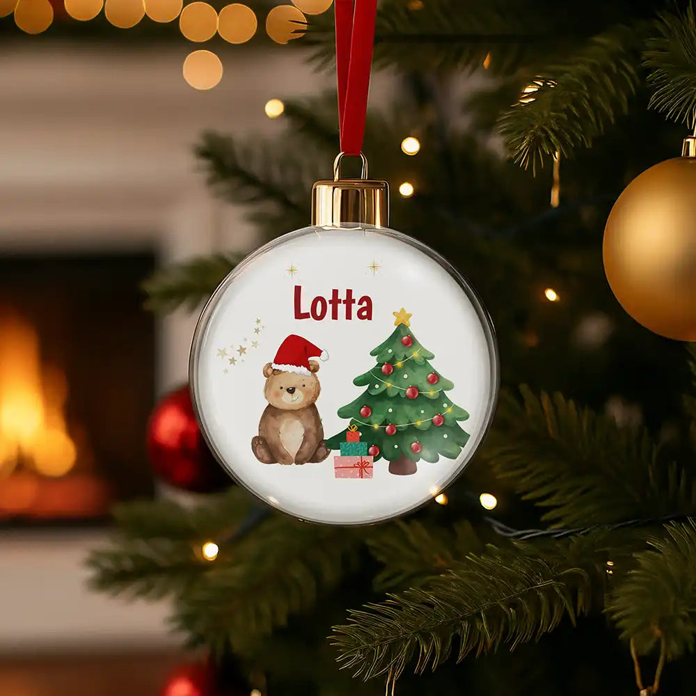 Weihnachtskugel personalisiert mit Namen - Kuscheliger Bär