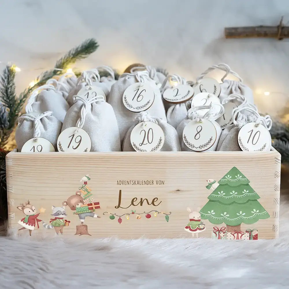 Adventskiste zum befüllen "Tiere und Weihnachtsbaum" personalisiert