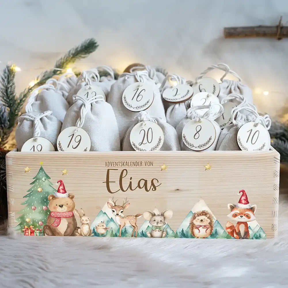 Adventskiste zum befüllen "Bär und Weihnachtsbaum" personalisiert