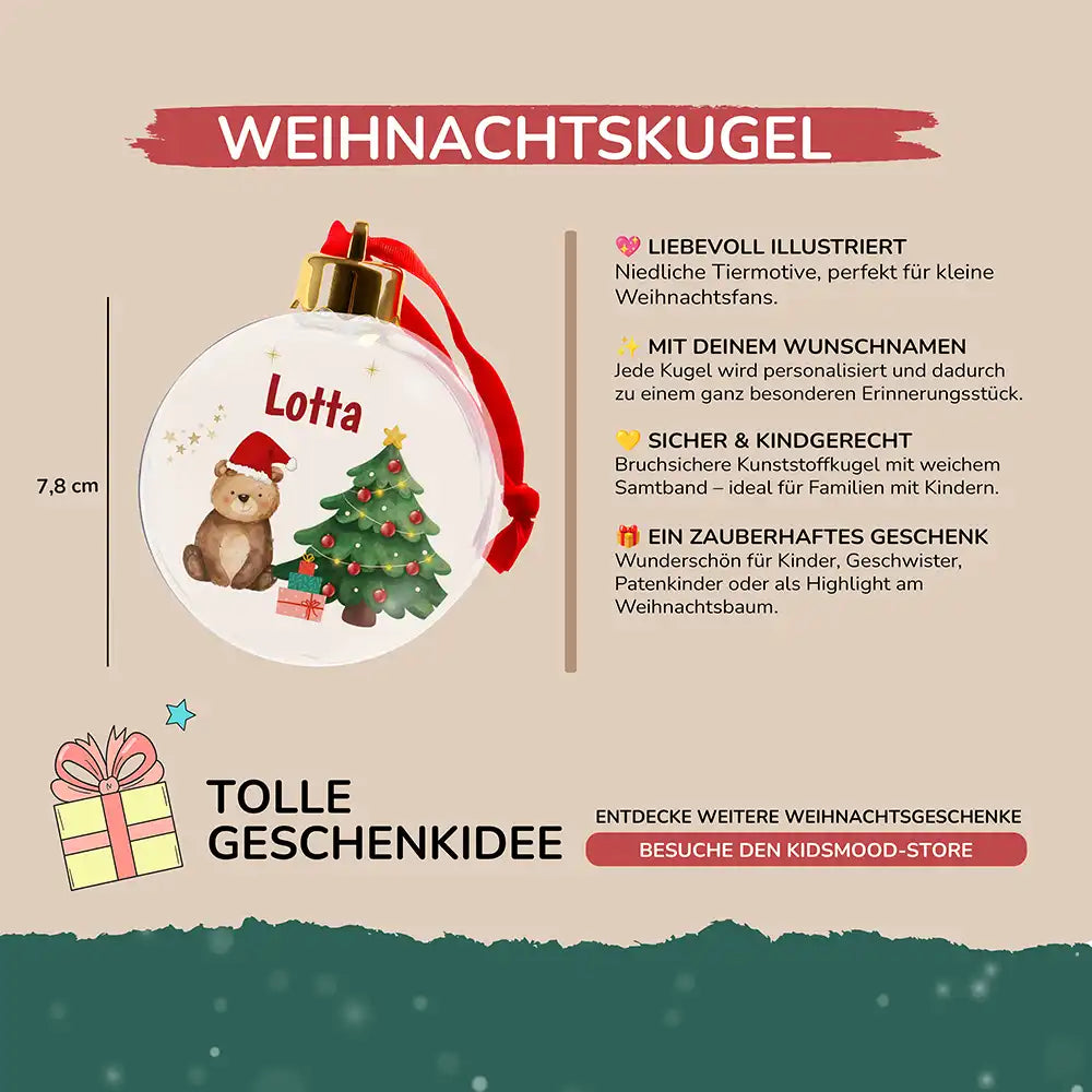 Weihnachtskugel personalisiert mit Namen - Kuscheliger Bär