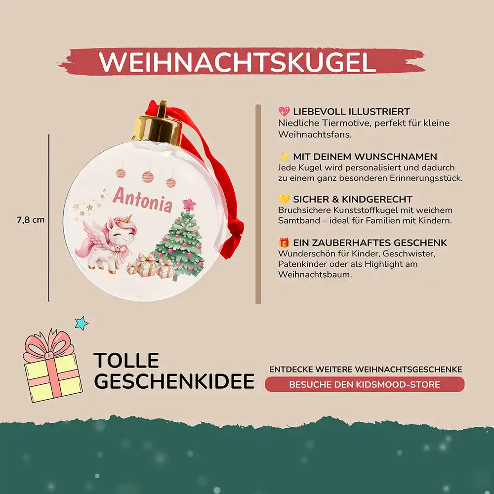Weihnachtskugel personalisiert mit Namen - Einhorn