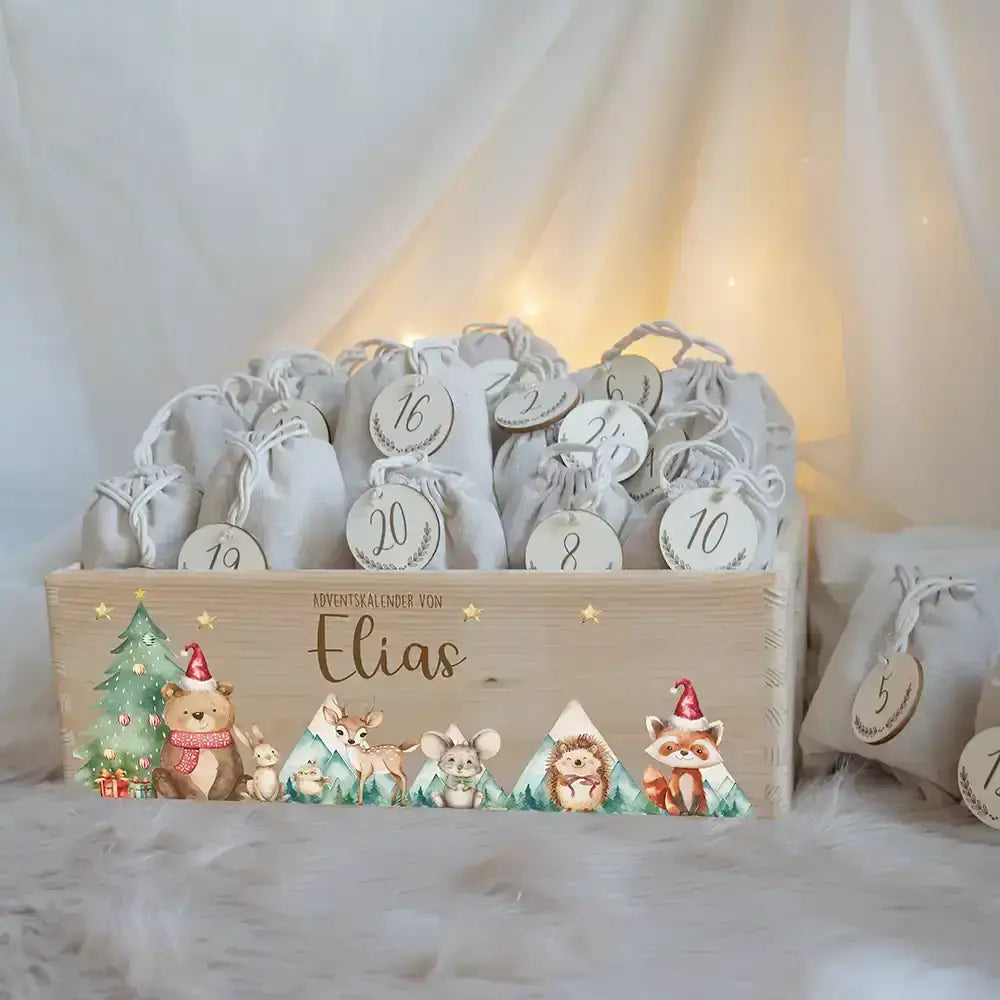 Adventskiste zum befüllen "Bär und Weihnachtsbaum" personalisiert