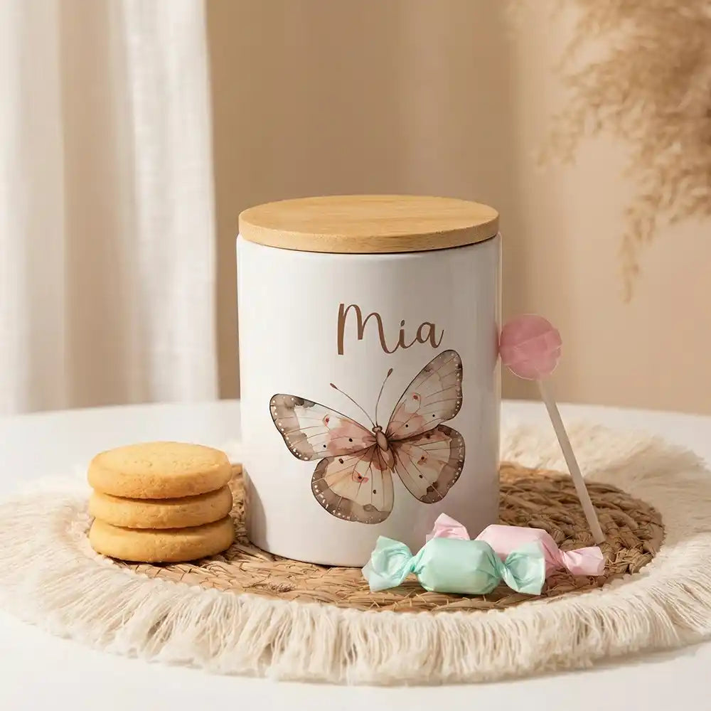 Personalisierte Keksdose Schmetterling aus Keramik mit Bambusdeckel - Wunschname - Kidsmood.de