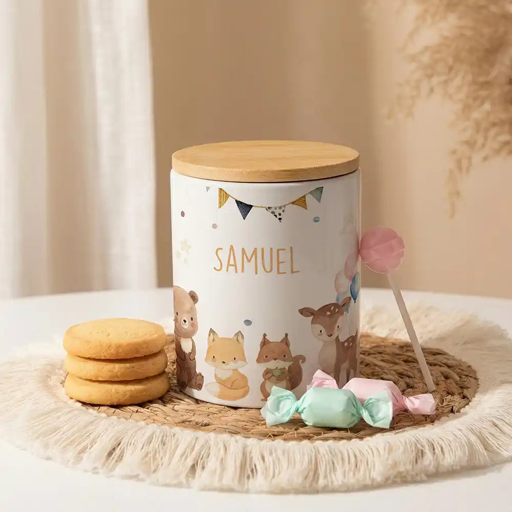 Personalisierte Keksdose Waldtiere Party aus Keramik mit Bambusdeckel - Wunschname - Kidsmood.de