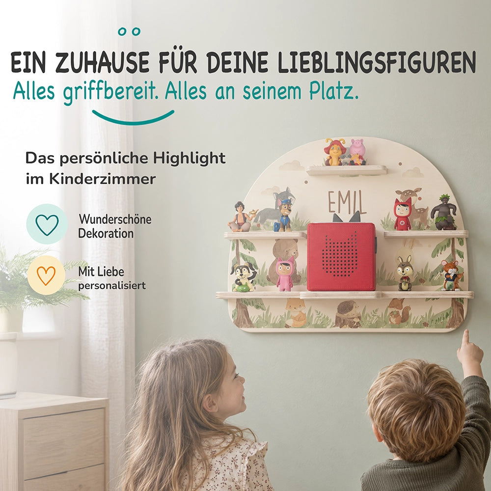 Tonie Regal aus Holz, Toniebox Regal personalisiert niedliche Waldtiere