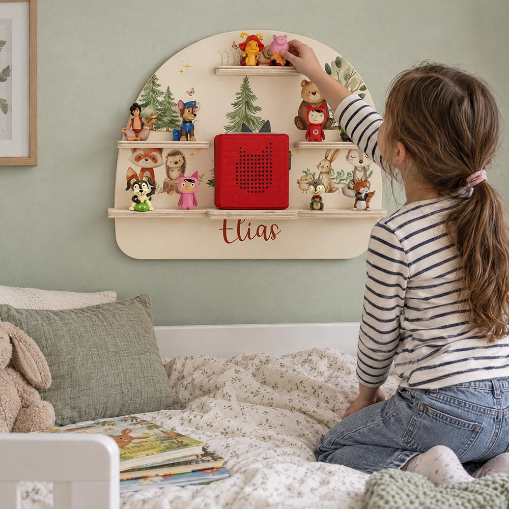 Tonie Regal aus Holz, Toniebox Regal personalisiert fröhliche Waldtiere