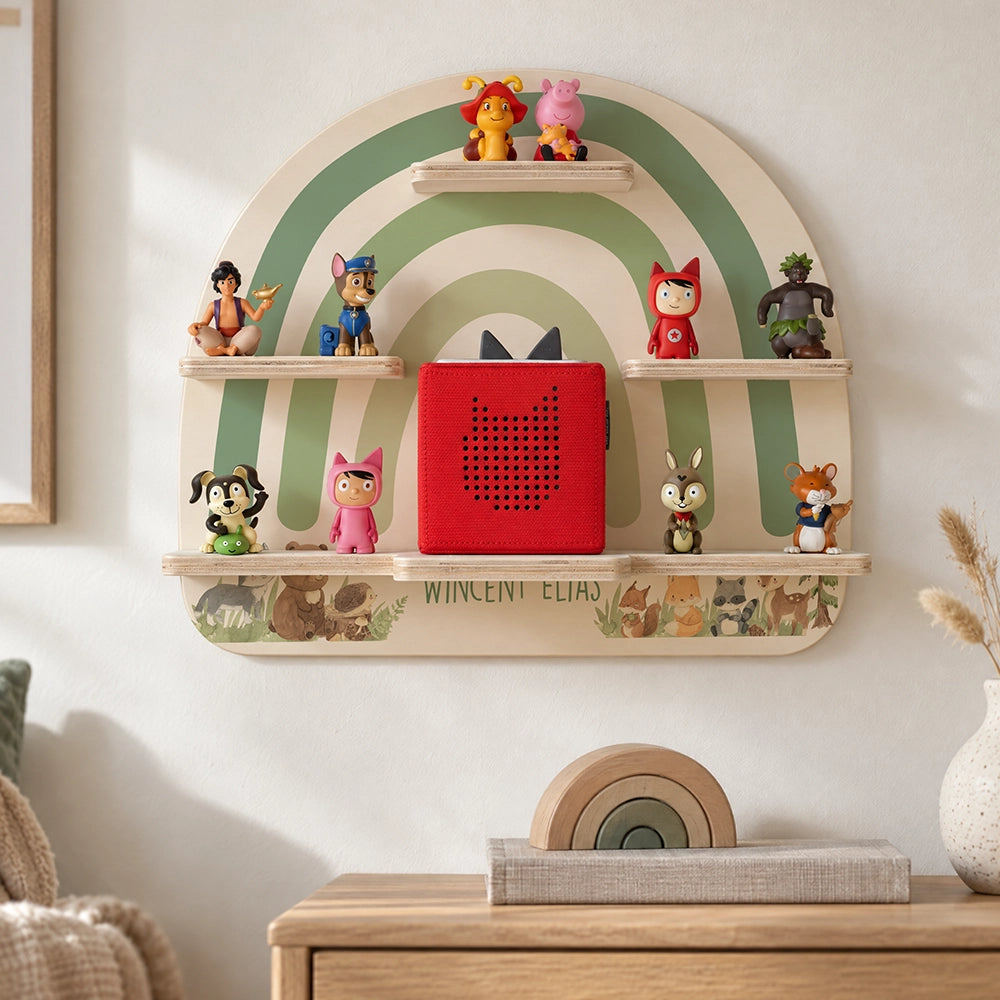 Tonie Regal aus Holz, Toniebox Regal personalisiert Bunter Regenbogen