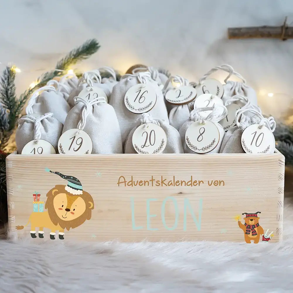 Personalisierte Adventskiste zum Befüllen - Löwe und Bär