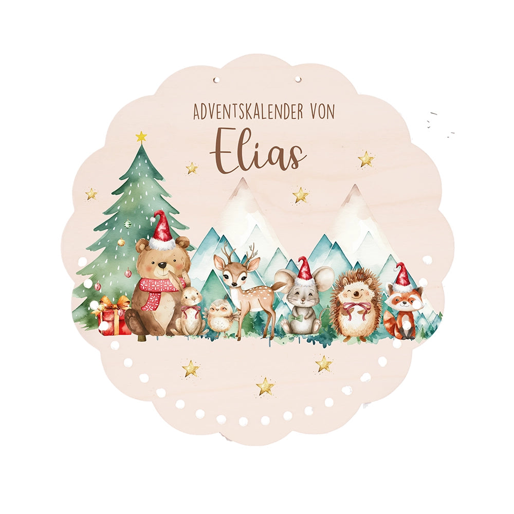 Personalisierter runder Adventskalender Kinder aus Holz - Winterwald & seine Bewohner
