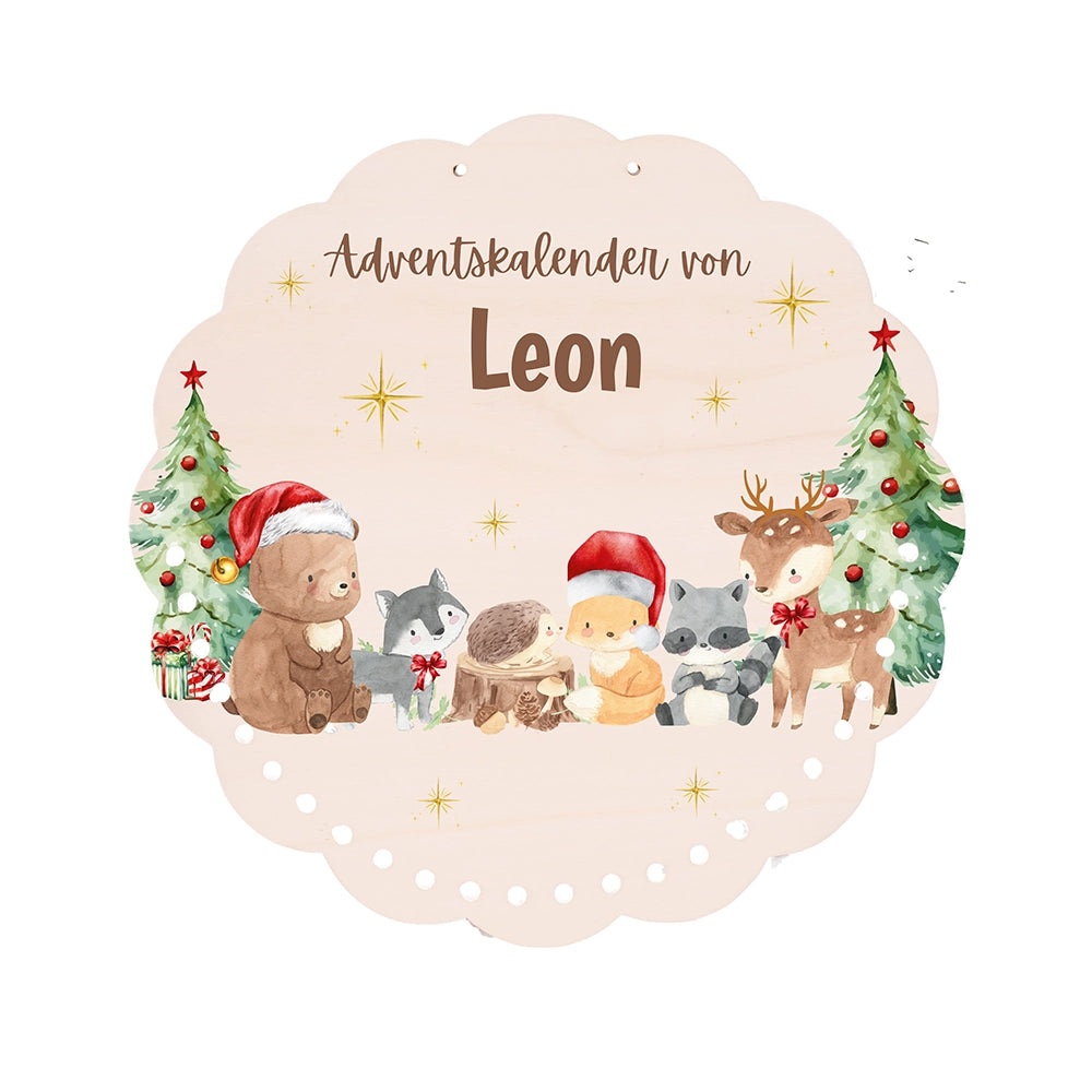 Personalisierter runder Adventskalender Kinder aus Holz - Weihnachtsfreude
