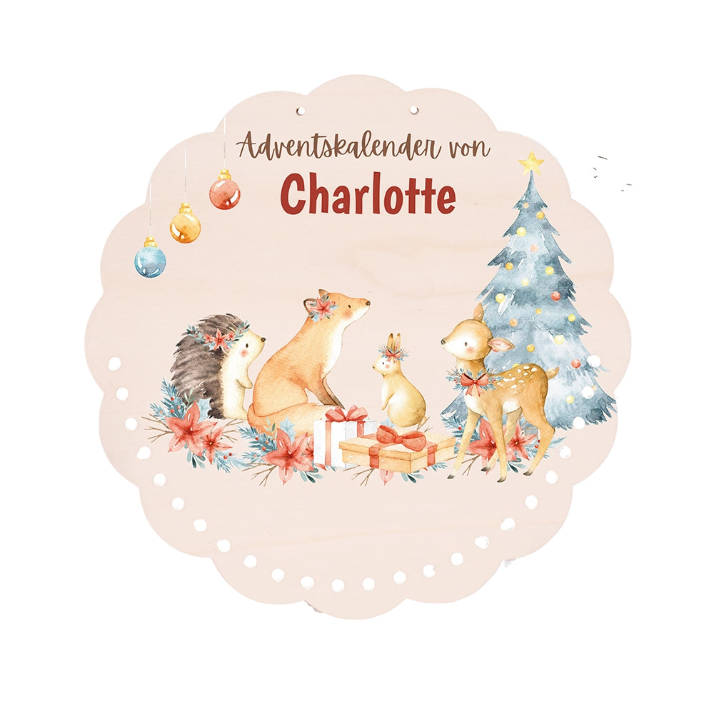 Personalisierter runder Adventskalender Kinder aus Holz - Winterwaldtiere