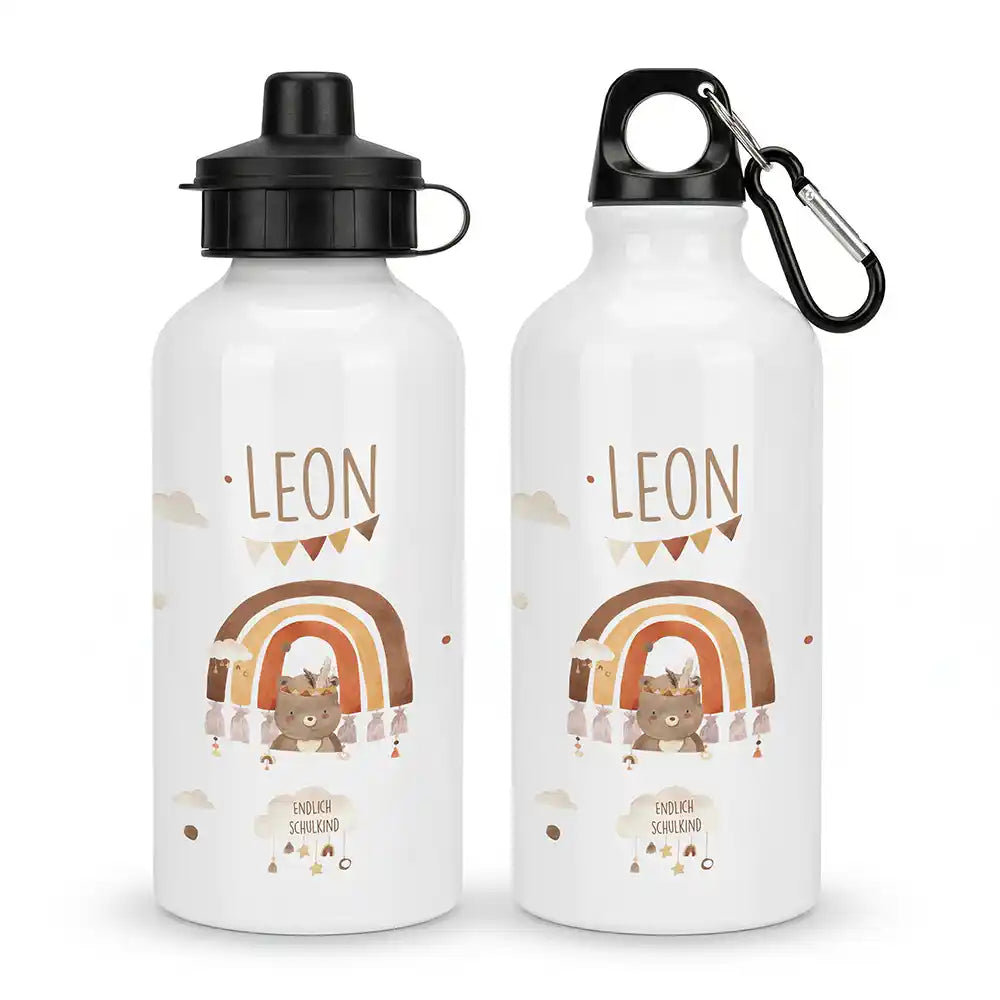 Personalisierte Trinkflasche Kinder BĂ€r Regenbogen Schulkind â Alu 500 ml Hauptbild mit Wunschname