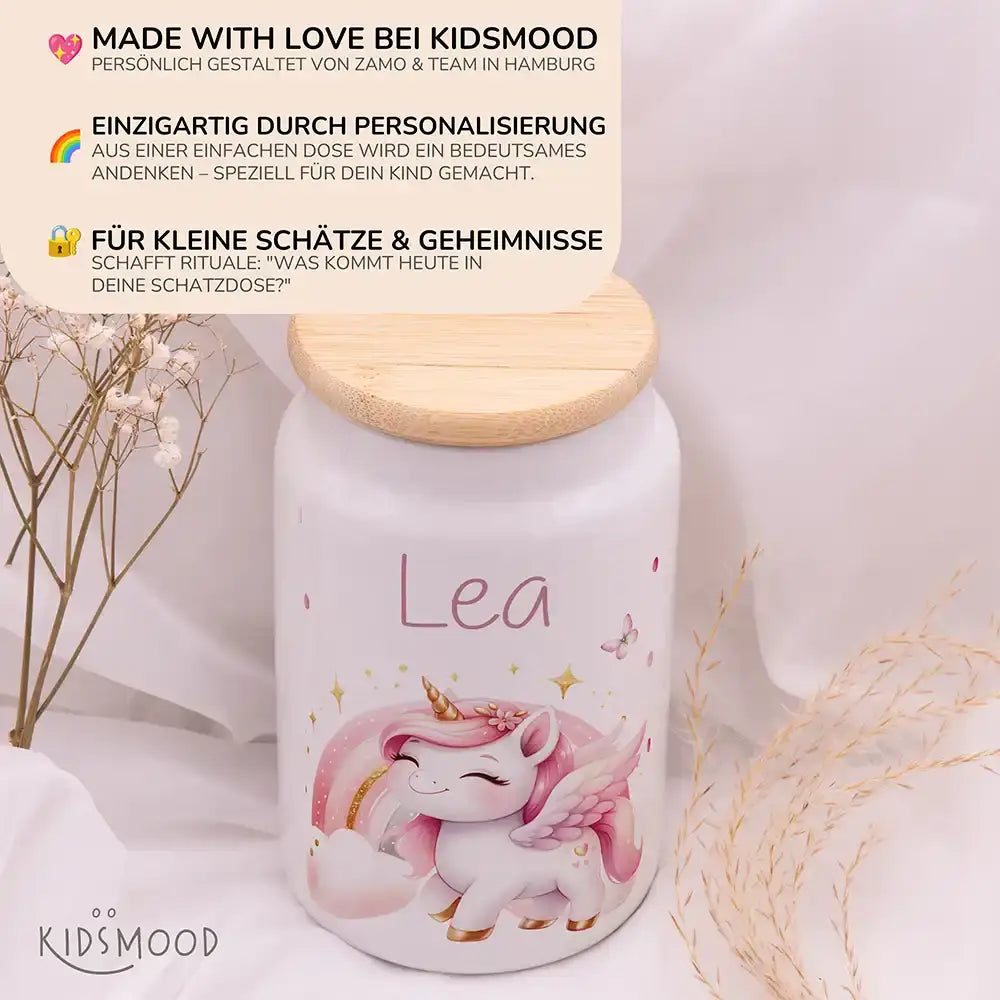 Personalisierbare Keksdose mit Name - Einhorn Regenbogen