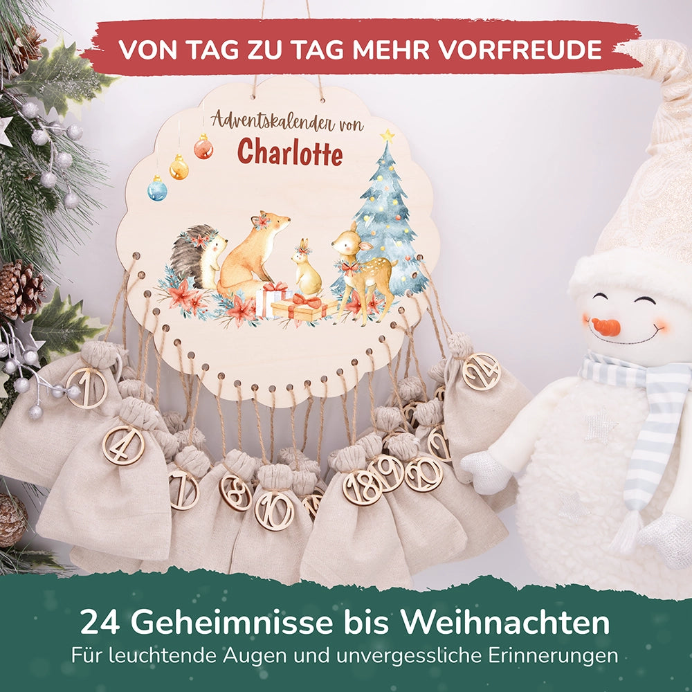 Personalisierter runder Adventskalender Kinder aus Holz - Winterwaldtiere