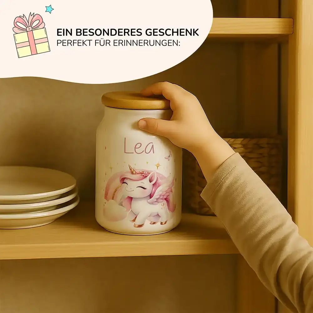 Personalisierbare Keksdose mit Name - Einhorn Regenbogen