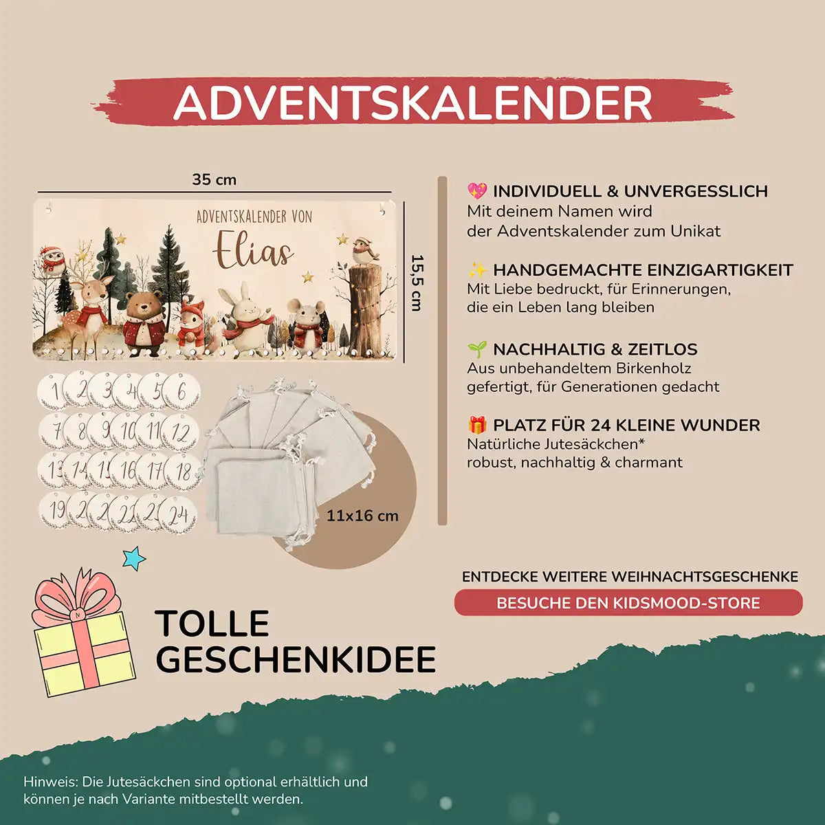 Personalisierbarer Adventskalender farbig - Frohe Tierfamilie