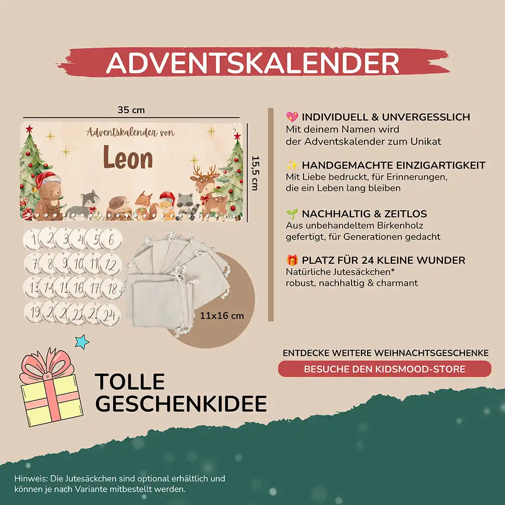 Personalisierbarer Adventskalender farbig - Niedliche Waldtiere Weihnachtsmütze