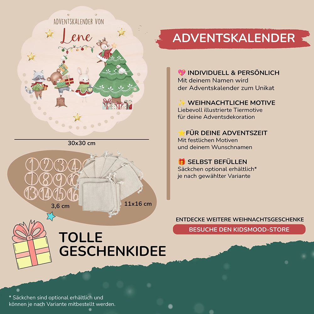 Personalisierter runder Adventskalender Kinder aus Holz - Festliche Waldszene