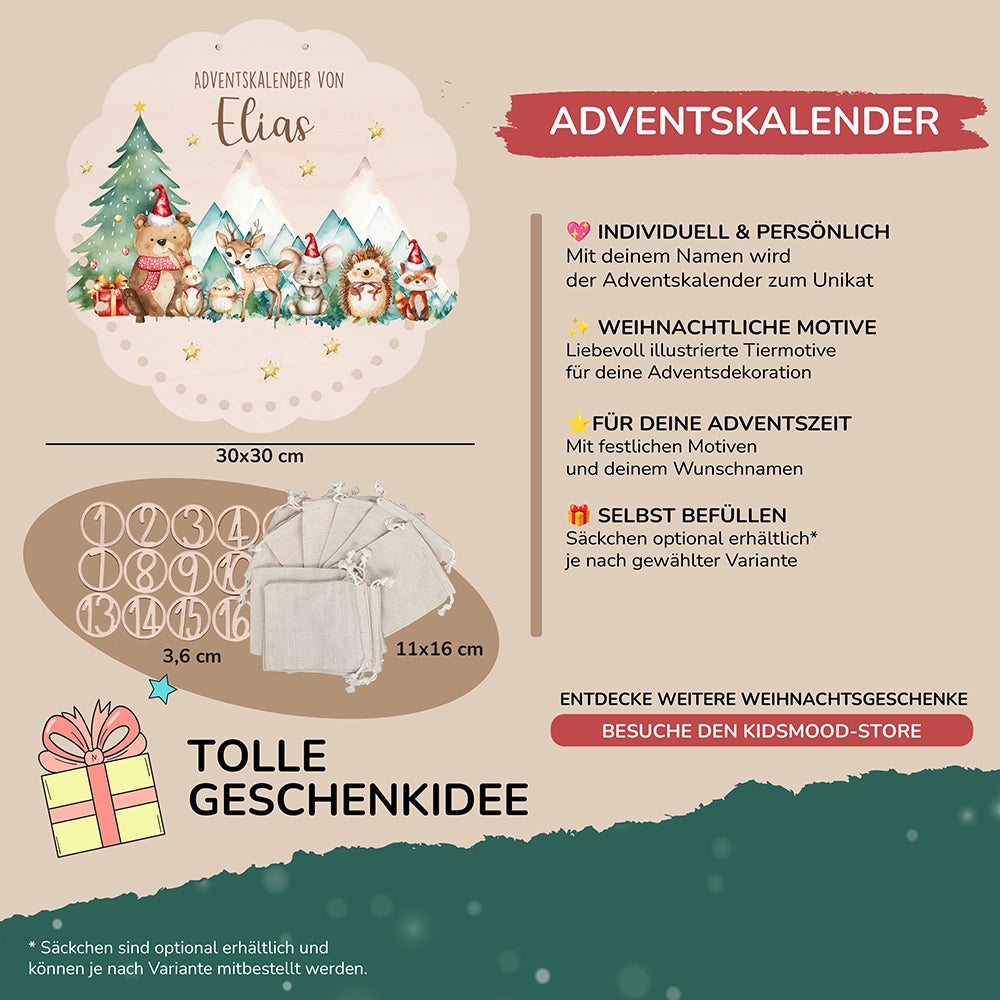 Personalisierter runder Adventskalender Kinder aus Holz - Winterwald & seine Bewohner