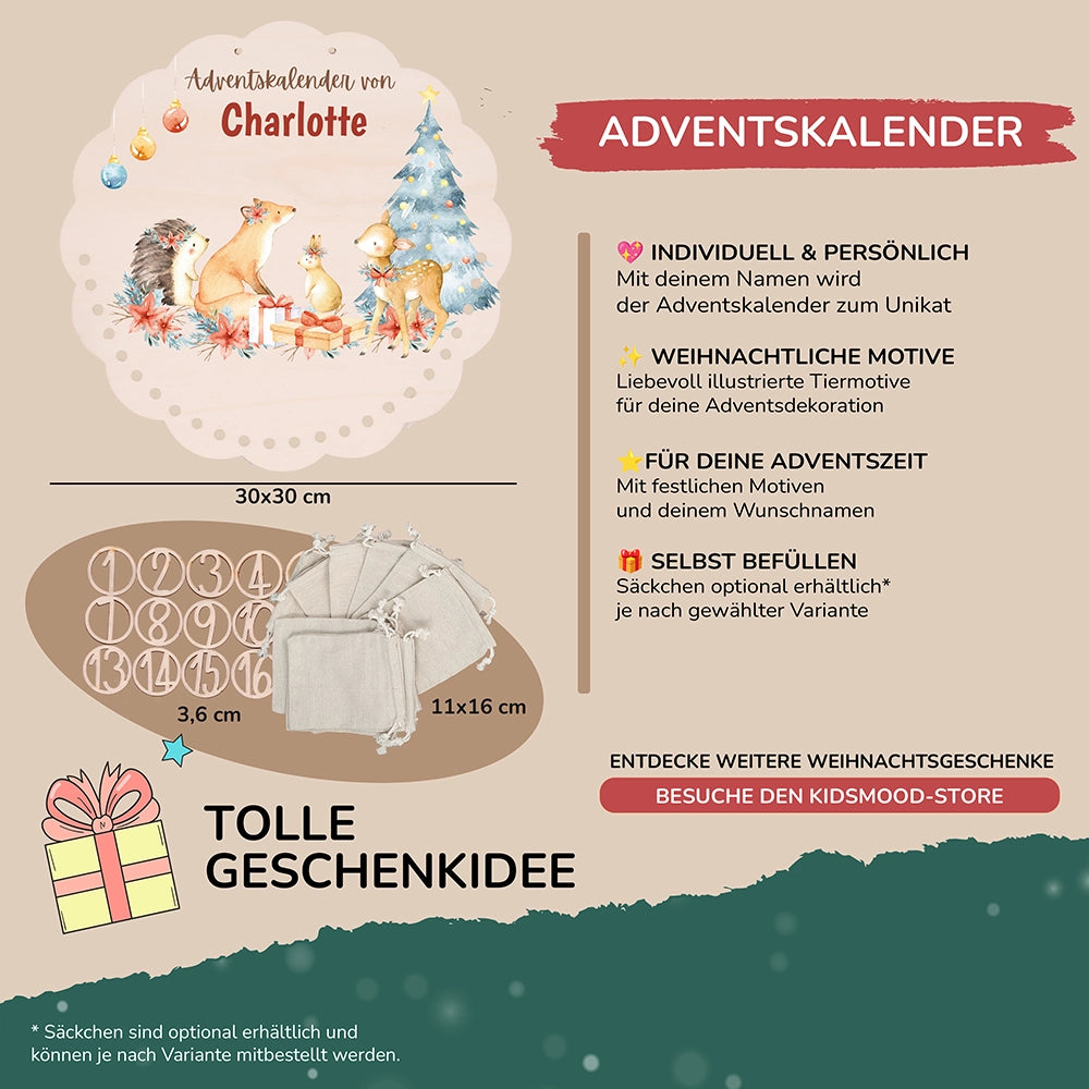 Personalisierter runder Adventskalender Kinder aus Holz - Winterwaldtiere