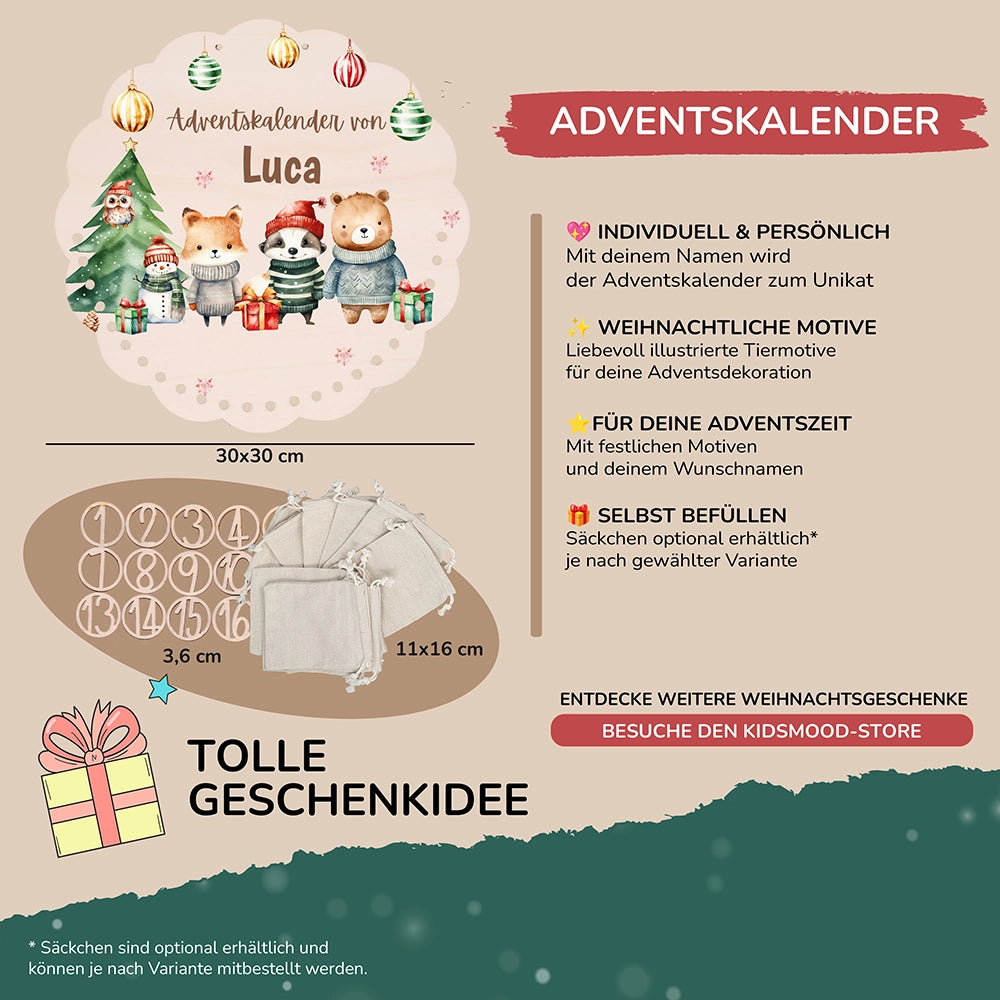 Personalisierter runder Adventskalender Kinder aus Holz - Waldtiere mit Weihnachtsmützen
