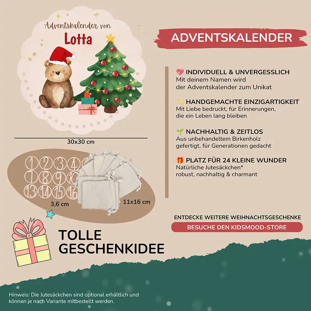 Personalisierter runder Adventskalender Kinder aus Holz - WeihnachtsbÀr